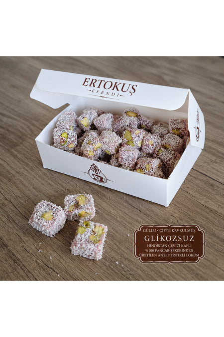 Ertokus Efendi isparta dogal Rose Flavored Extra Pistachio Turkish Delight 250 g Double Roasted 100 seker pancari - MALLTURK