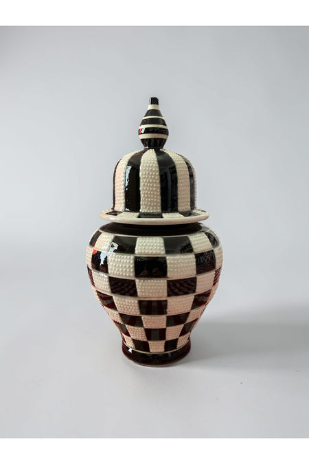 YOOS Handmade Wheelwork 25cm Kutahya Ceramic Checkered Shah Cube Ceramic Vase Black - MALLTURK