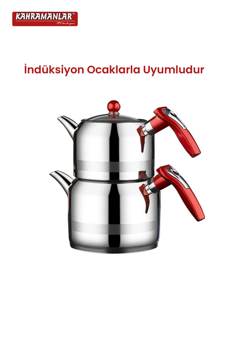 Kahramanlar Steel Rain Medium Size Steel Teapot Red - MALLTURK