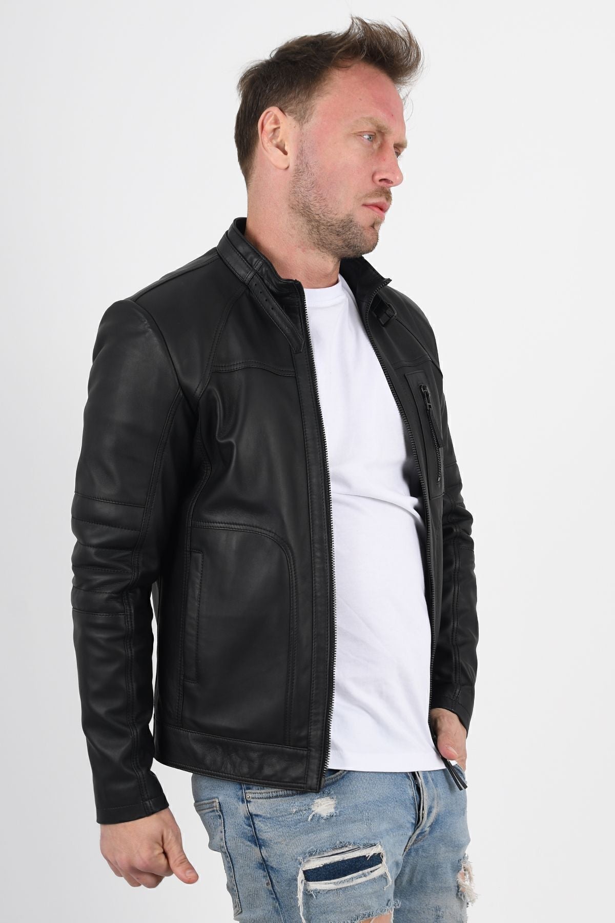 ALIN Theroux Men's Genuine Leather Relaxed Fit Leather Jacket Black - MALLTURK
