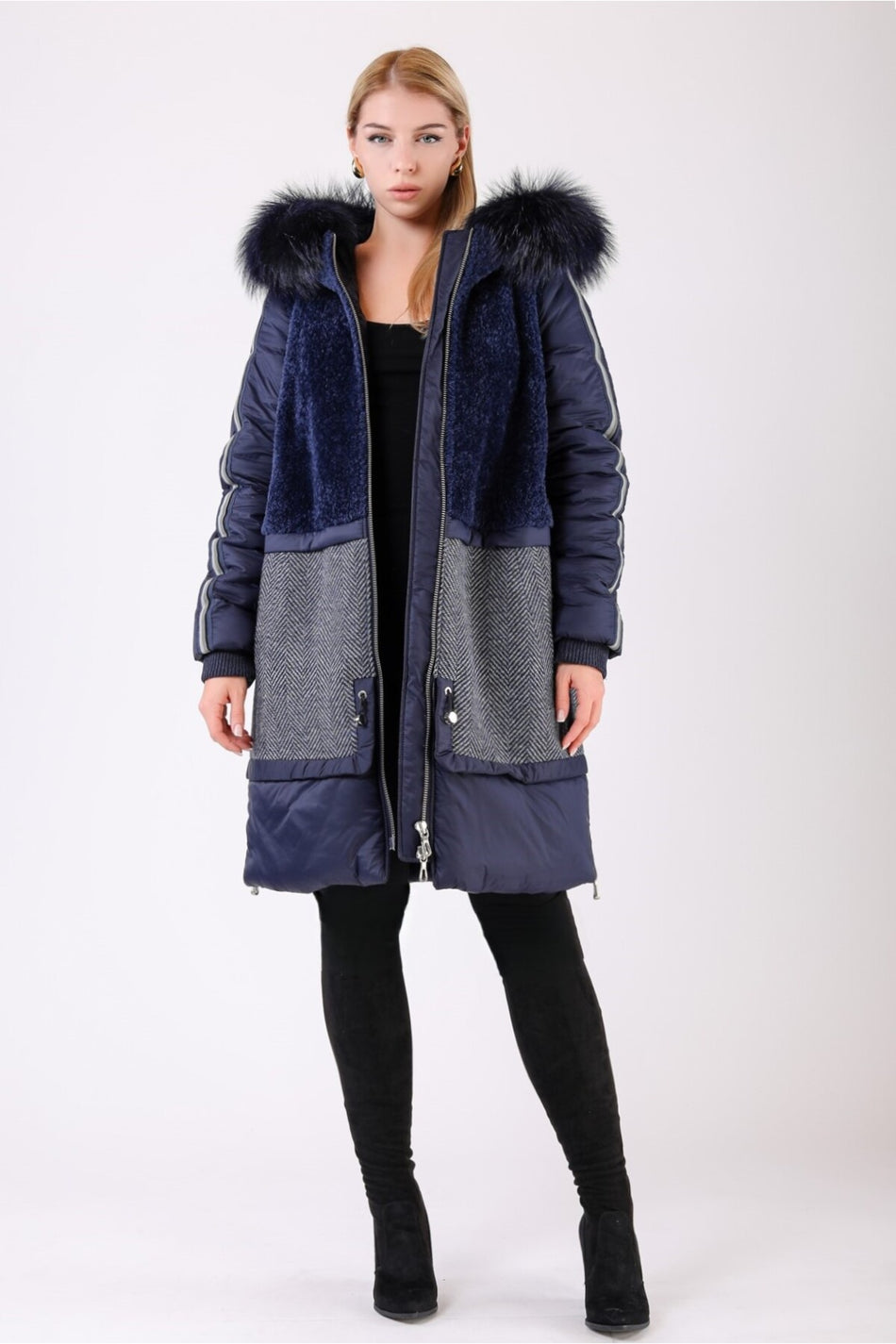 Leather Club Navy Blue Fox Alpaca Puffer Coat with Fur Accessories