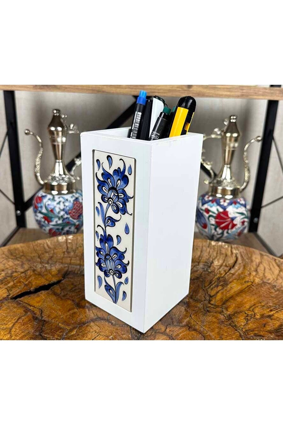 Cini Evi Iznik Bahari Iznik Tile Wooden Pen Holder - MALLTURK