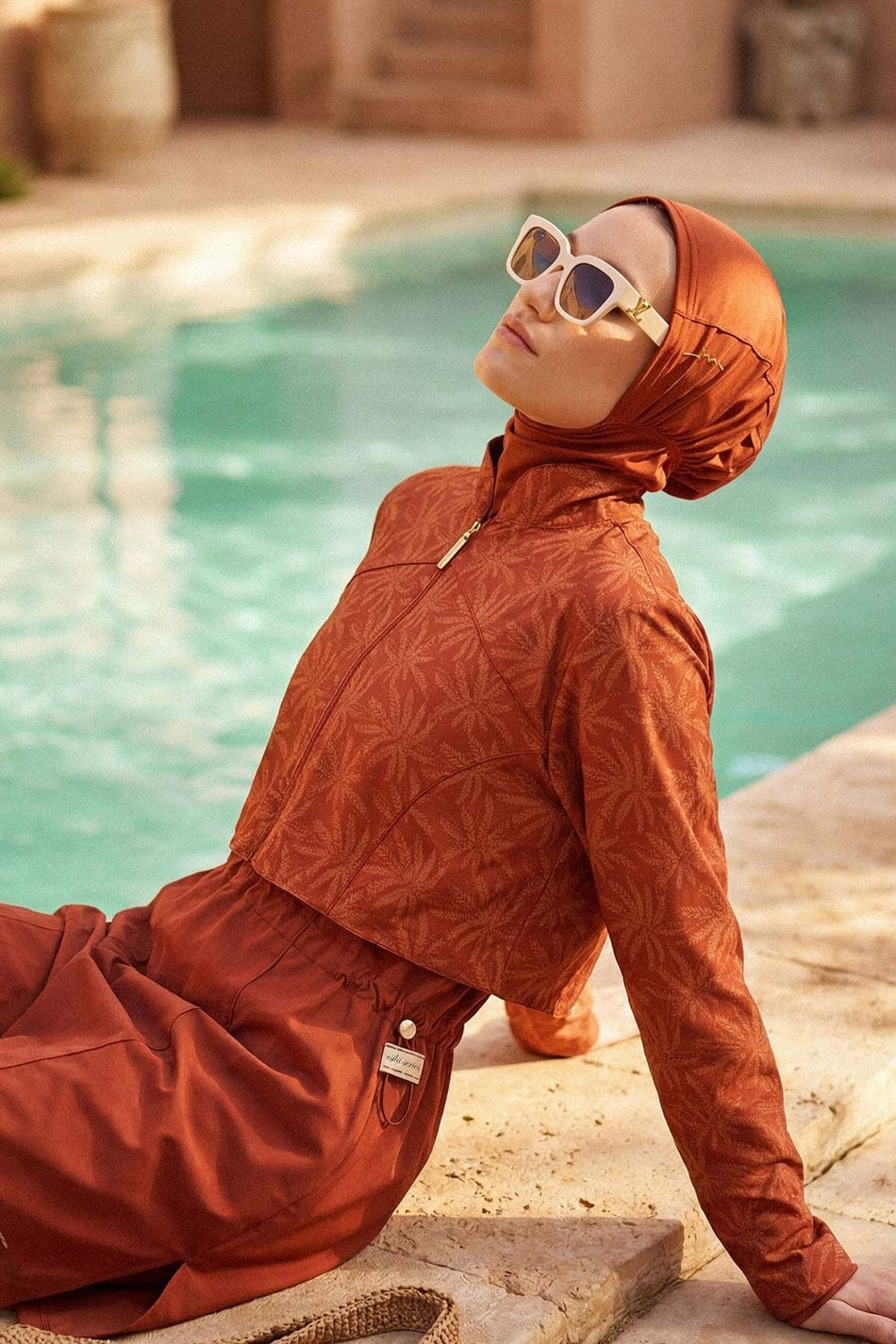 Hasema Vaha Collection Palm Tree Patterned Terracotta Color 5-Piece Full Coverage Swimsuit Set 6028