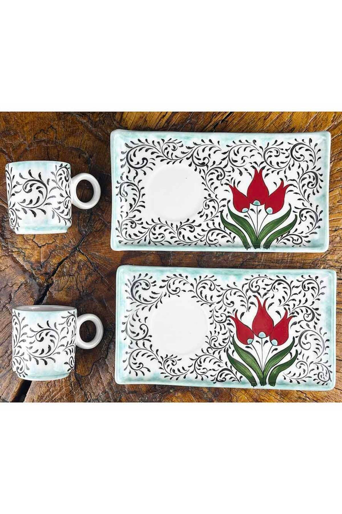 Cini Evi Three Red Tulip Composition Iznik Coffee Serving Set – Elite Serving Tray - MALLTURK