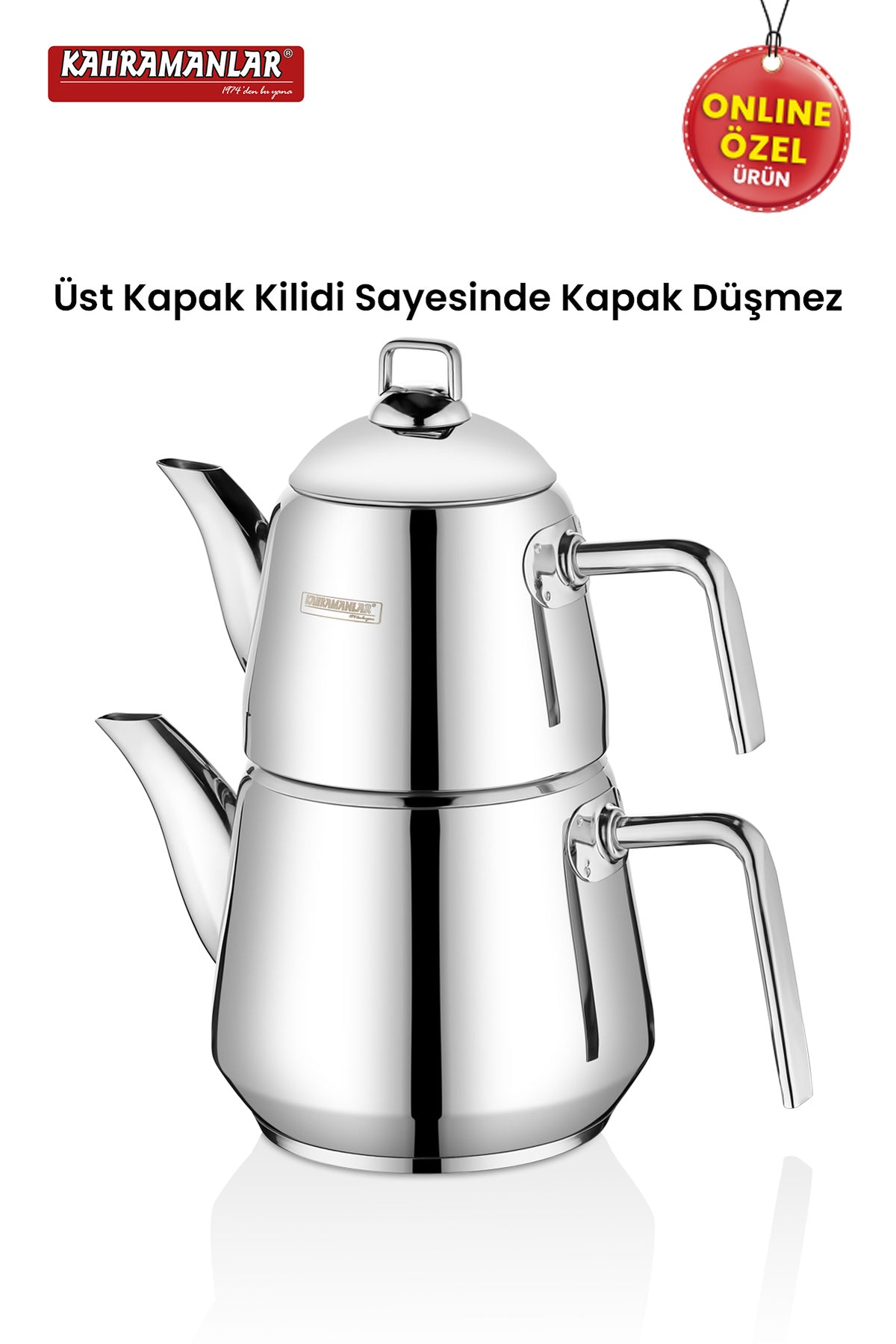 Kahramanlar Milano Medium Size Teapot Set Stainless Steel with Steam Lid Platinum - MALLTURK