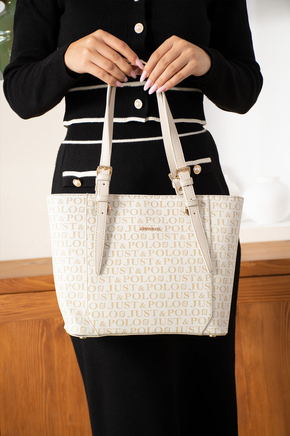 Just Polo Women's Hand and Shoulder Bag, New Season, Dimensions: Height: 25 cm, Width: 35 cm Cream - MALLTURK