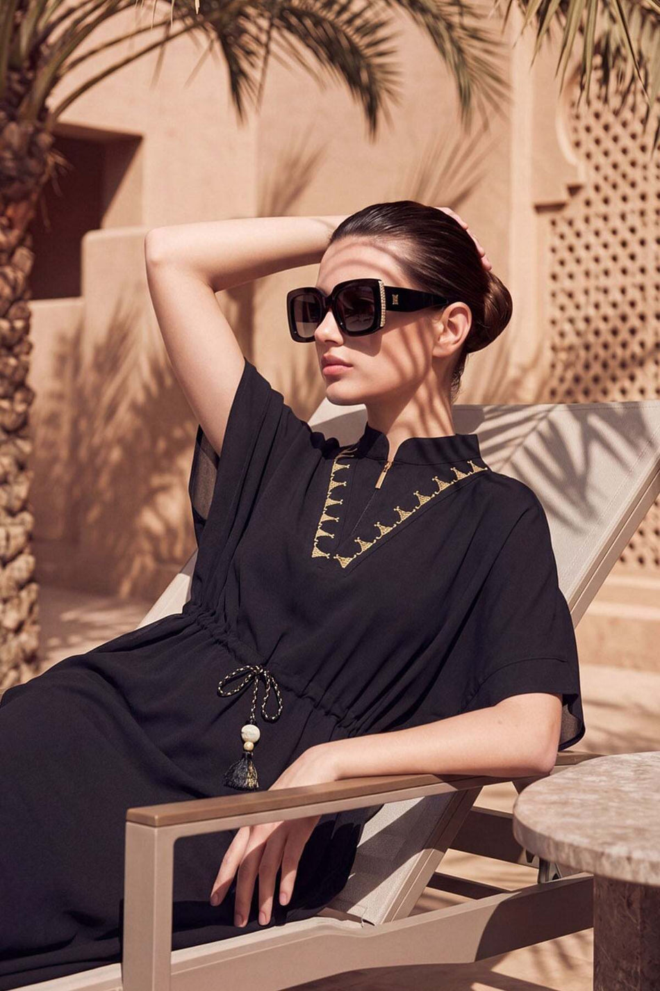 Black Long Pareo with Embroidered Collar Detail (1006)
