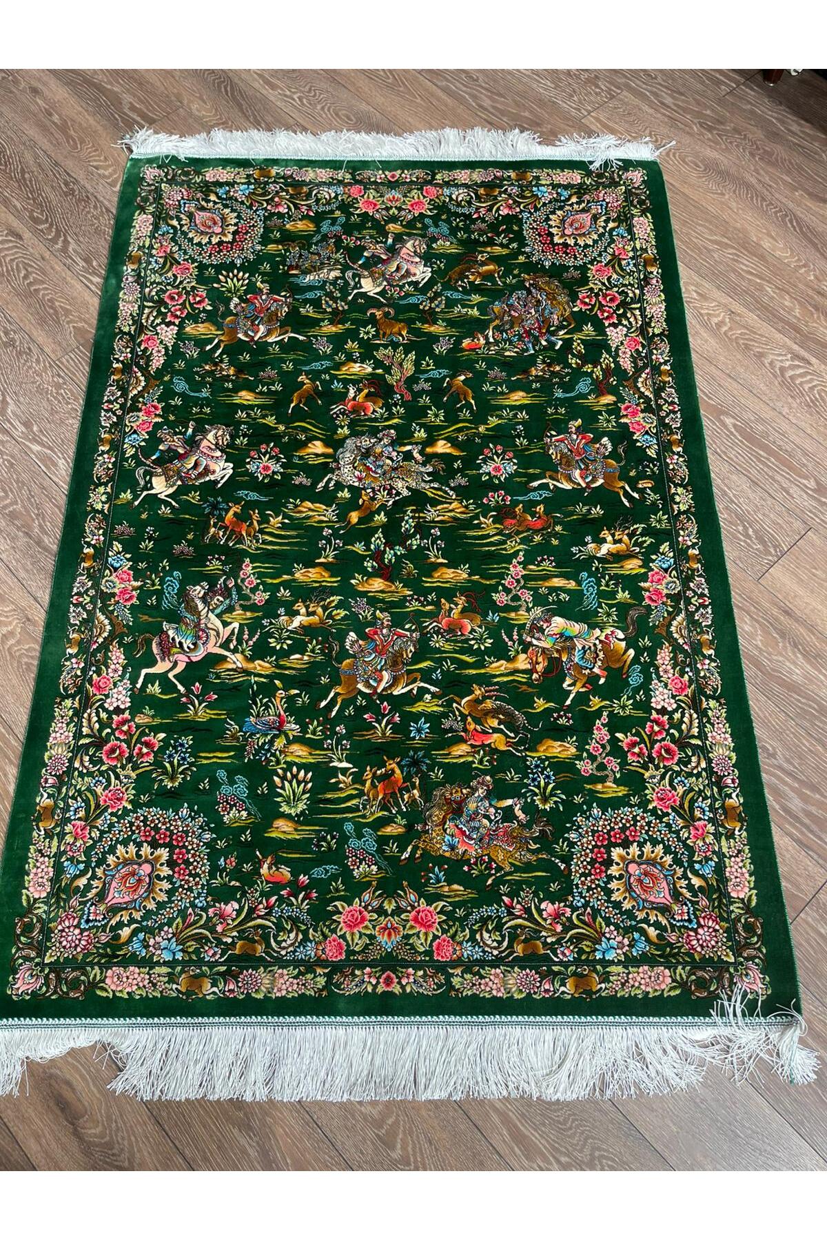 Rustikev Iranian Silk Hand-Woven Rug - Royal Hunting Scene Design - MALLTURK