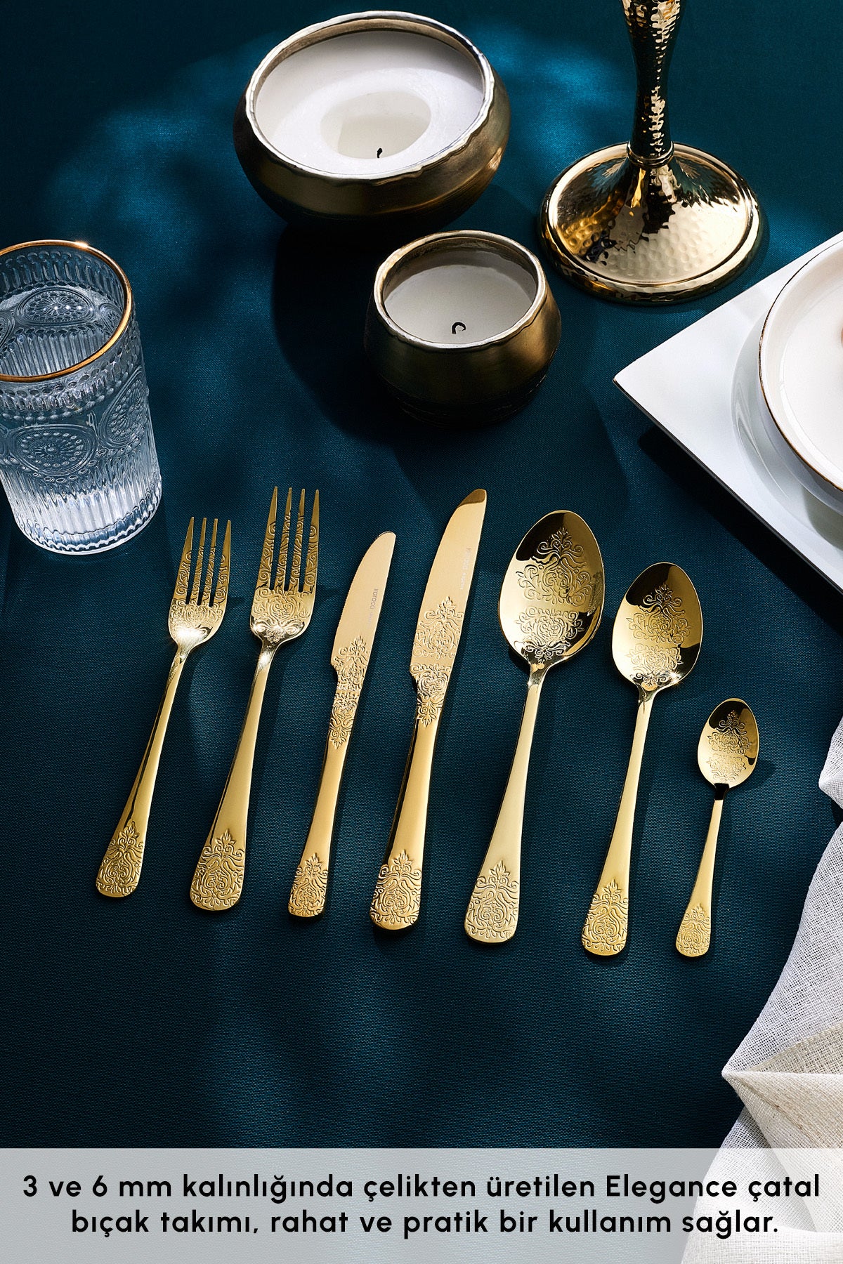 Karaca elegance bellatrix 84 Piece 12 Place Setting Flatware Set gold - MALLTURK