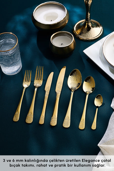 Karaca elegance bellatrix 84 Piece 12 Place Setting Flatware Set gold - MALLTURK