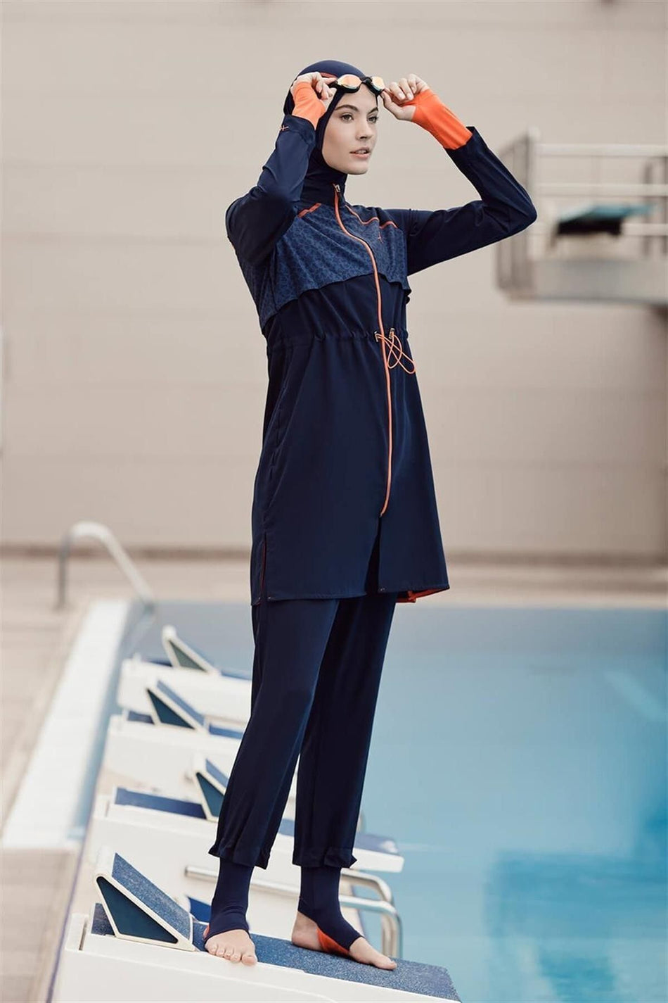 Hasema Performance Series Navy Blue 6-Piece Modest Swimsuit Set with Orange Footband Detail H-per 50 - MALLTURK