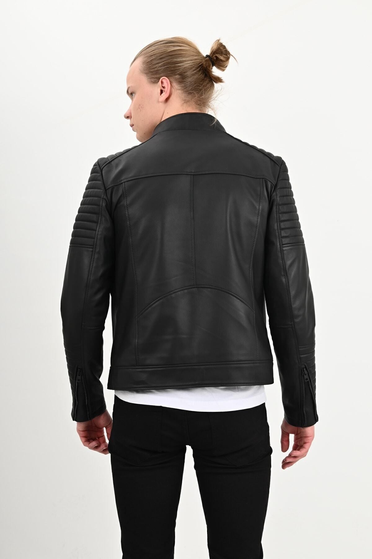ALIN Sandor Men's Genuine Leather Embossed Stitch Leather Jacket Black - MALLTURK