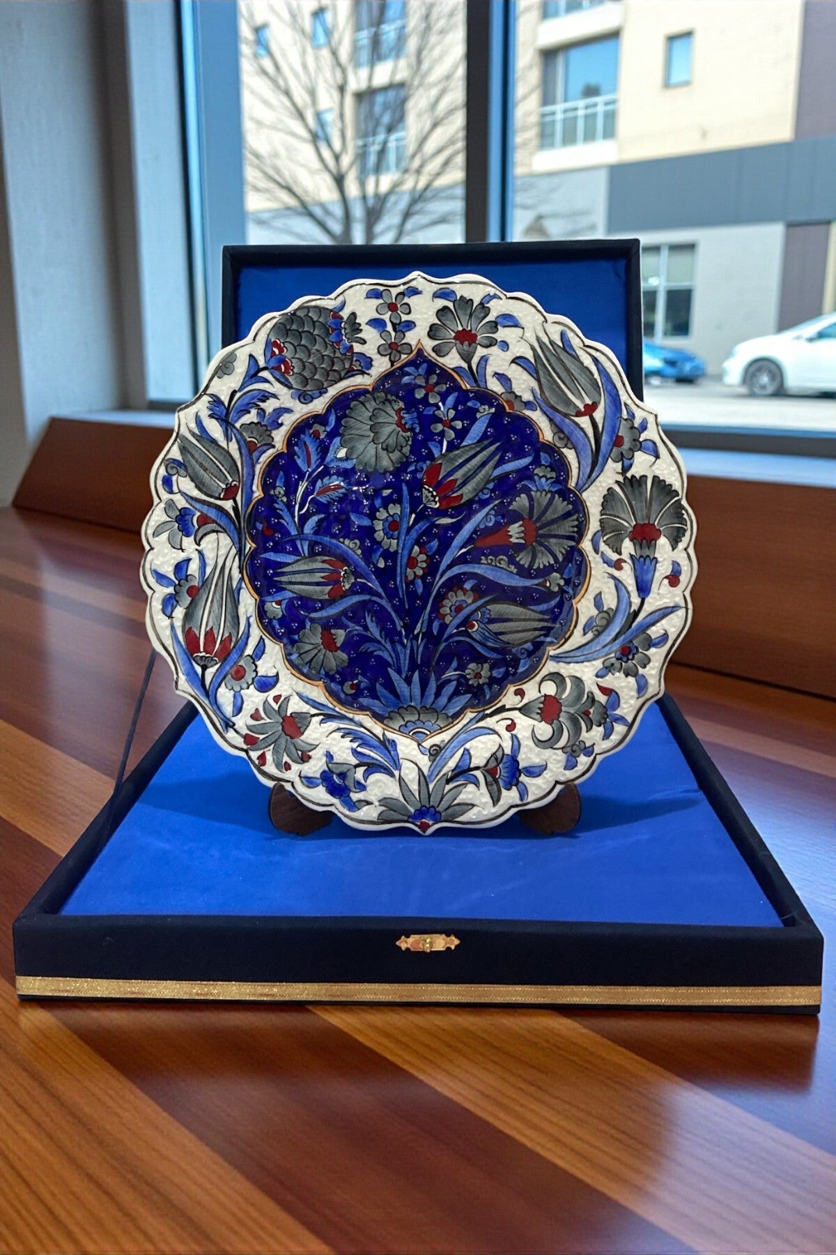 YOOS Velvet Gift Box 30Cm Special Sable Craftsmanship Kutahya Tile Navy - White Tile Plate - MALLTURK