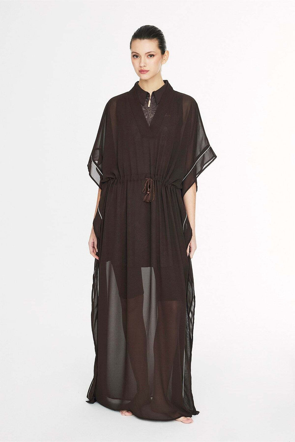 Hasema Tassel Detail White Trimmed Brown Long Pareo 1003 - MALLTURK