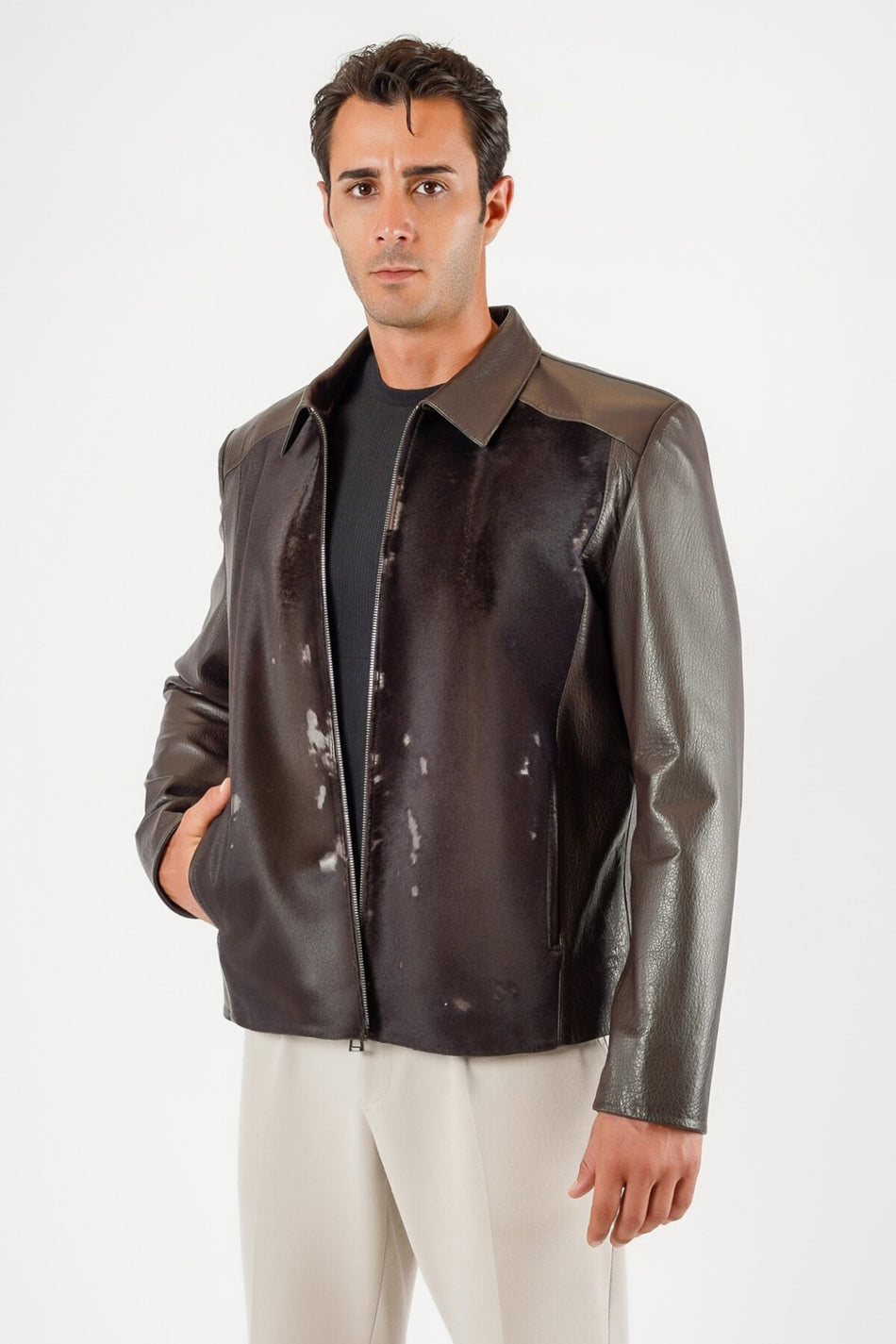 Leather Club koffietbruine jas van echt leer met bontrand