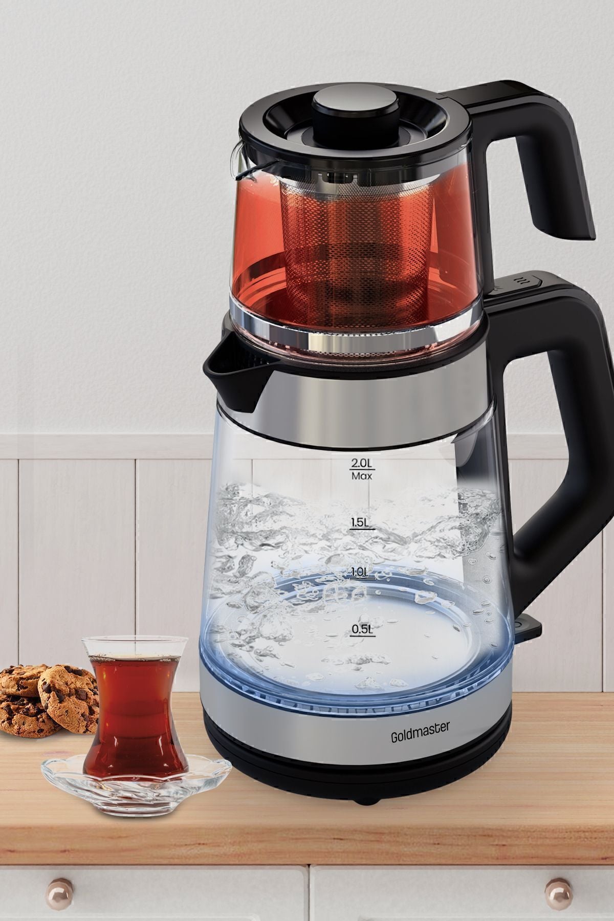GoldMaster Yenidem Stainless Steel Large Capacity Tea Maker with German Schott Glass Teapot and LED Lighted Water Kettle - MALLTURK