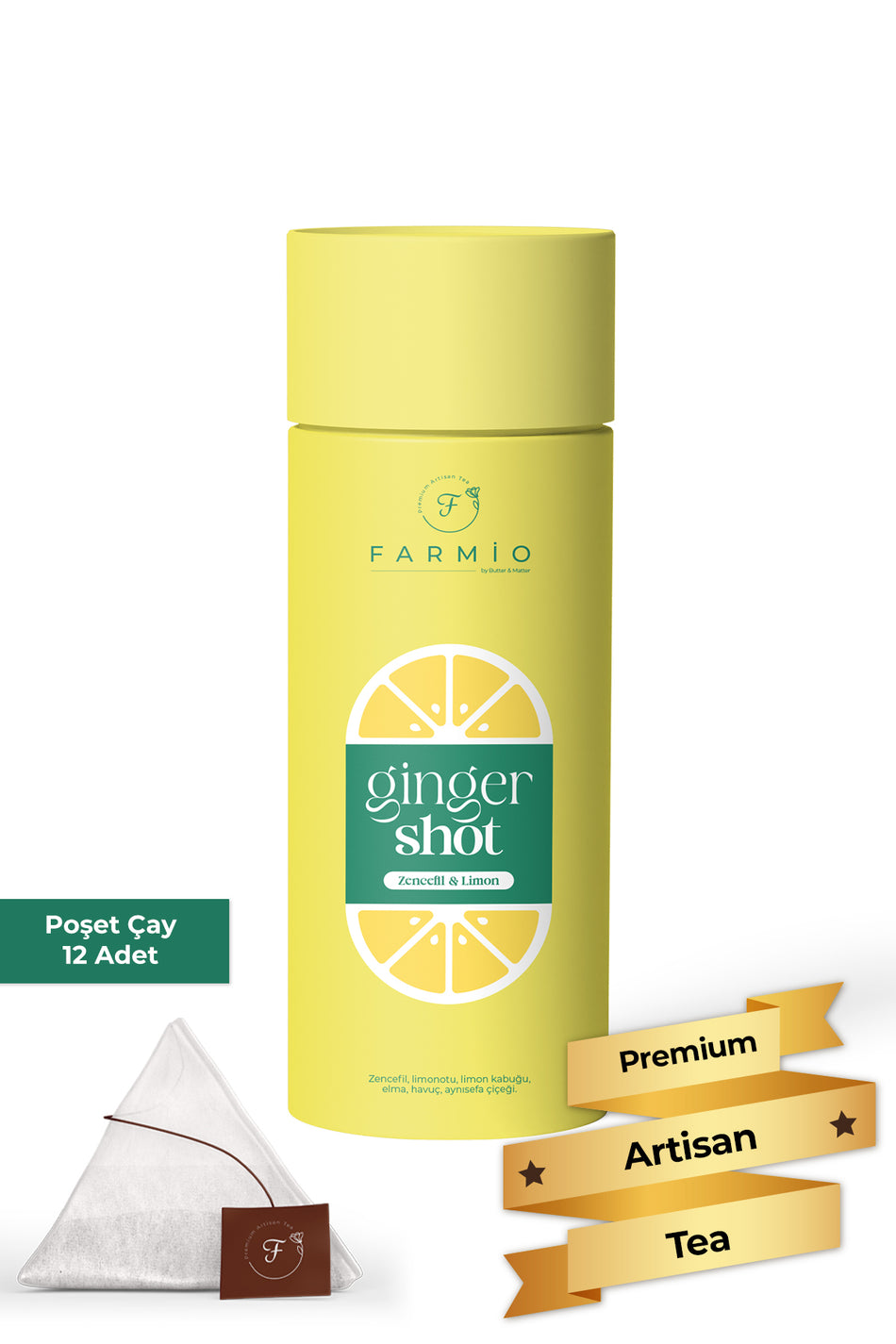 FARMIO GiNGER SHOT Tea – 12 Tea Bags – Premium Tea Experience – Lemon, Ginger, Carrot, Calendula, Apple