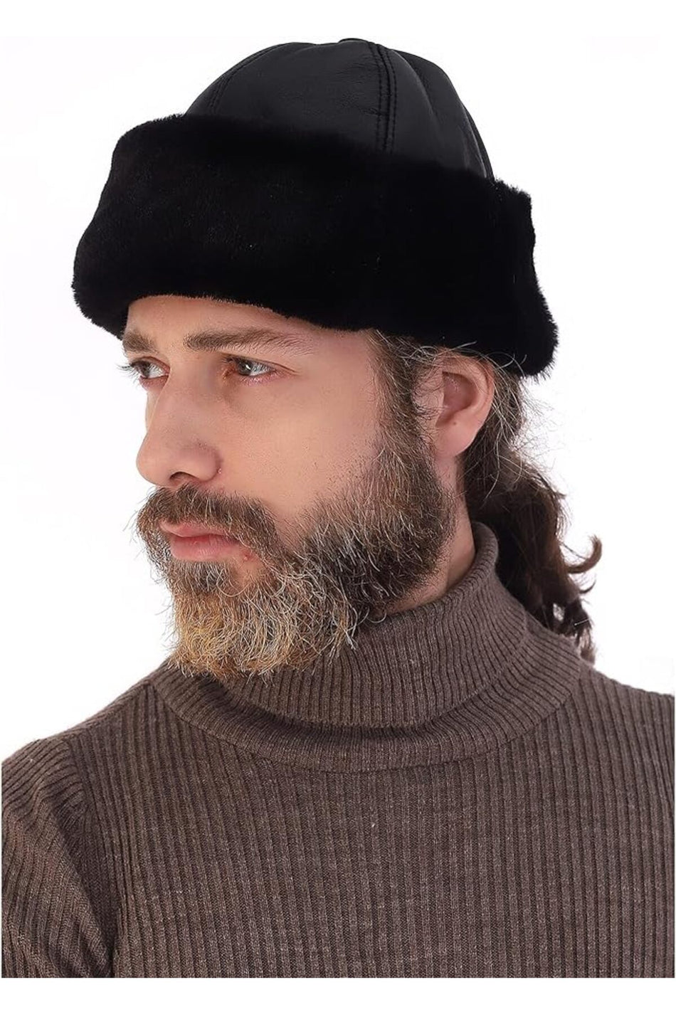 Fubileather Waterproof Genuine Leather Fur-Lined Lambswool Hat Beanie