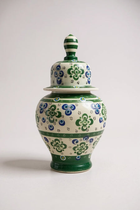 STORESZA Handmade Wheelwork 25cm Dark Green - White Crown Cube Ceramic Vase - MALLTURK
