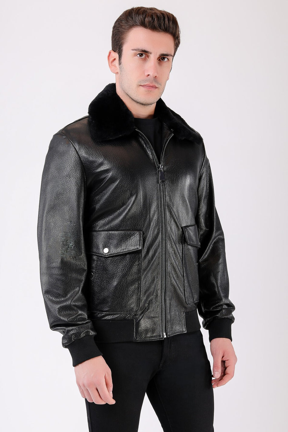 Leather Club Giacca da aviatore in vera pelle con bordo in pelliccia nera