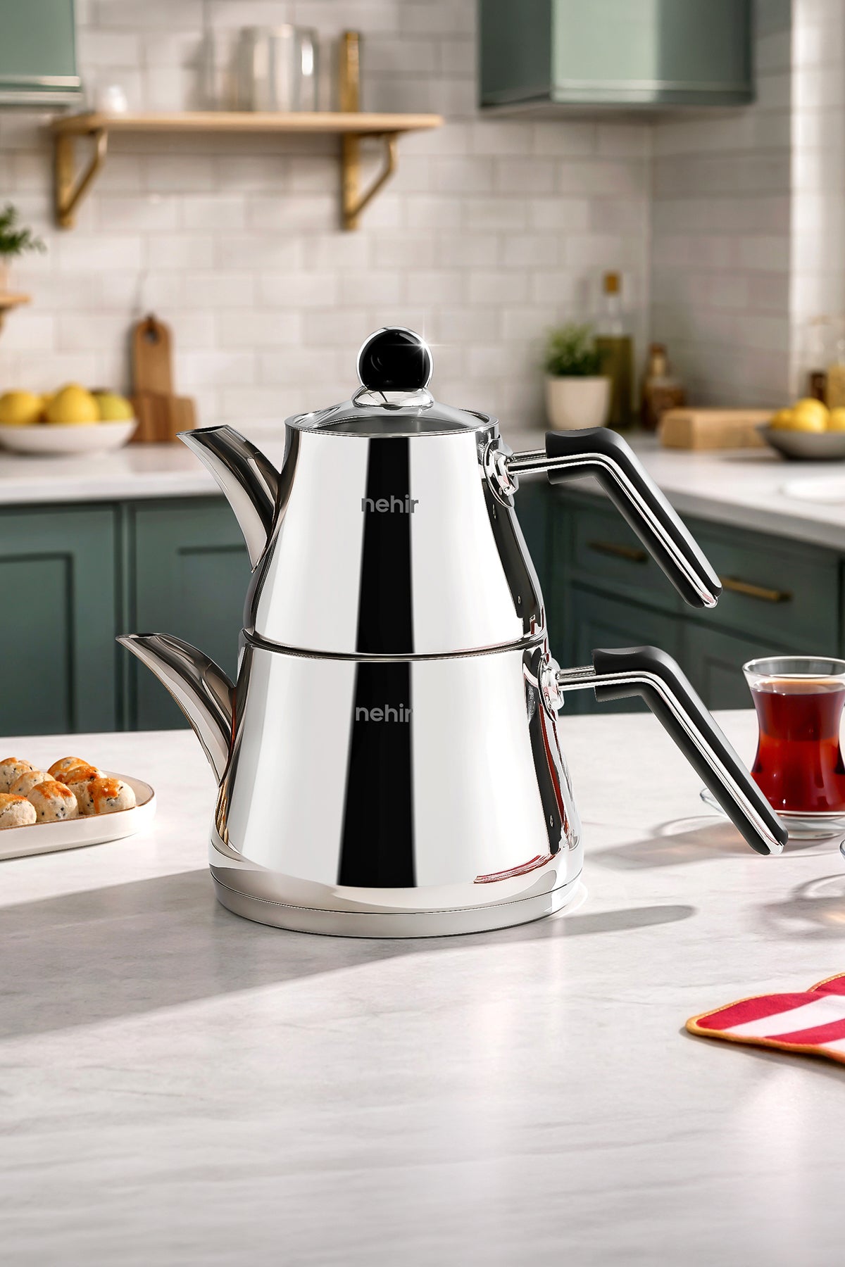 Nehir Luna Maxi Large Size Stainless Steel 1.10-2.25 Liter Teapot Set - MALLTURK