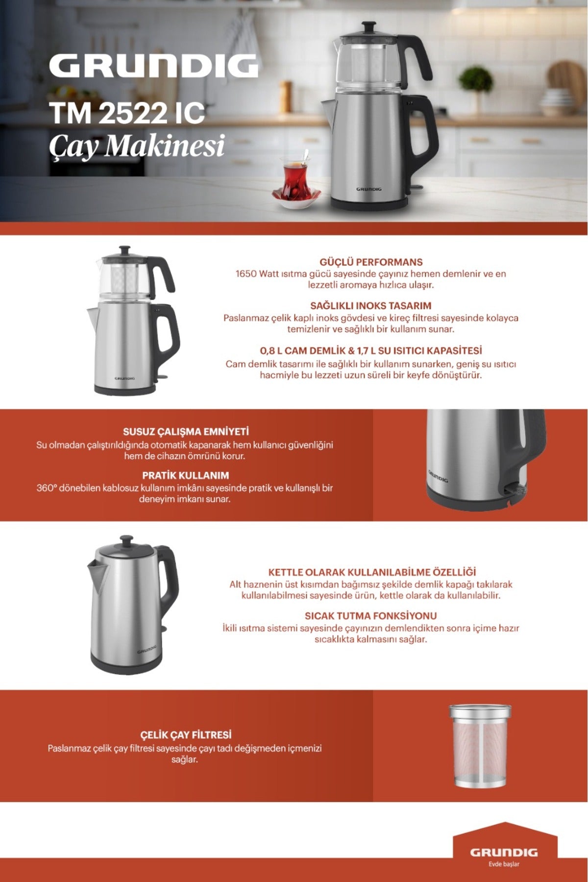 Grundig TM 2522 iC inox Tea Maker with Glass and Steel Strainer - MALLTURK