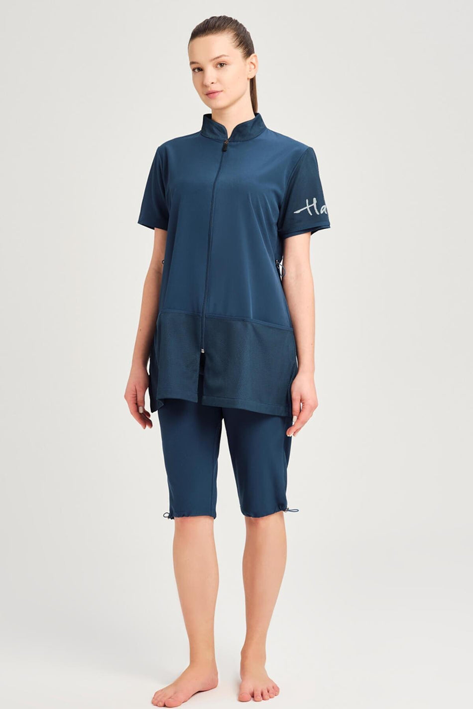Hasema Short-Sleeved Zip-Up Green Swimsuit with Mesh Pocket Detail - MALLTURK