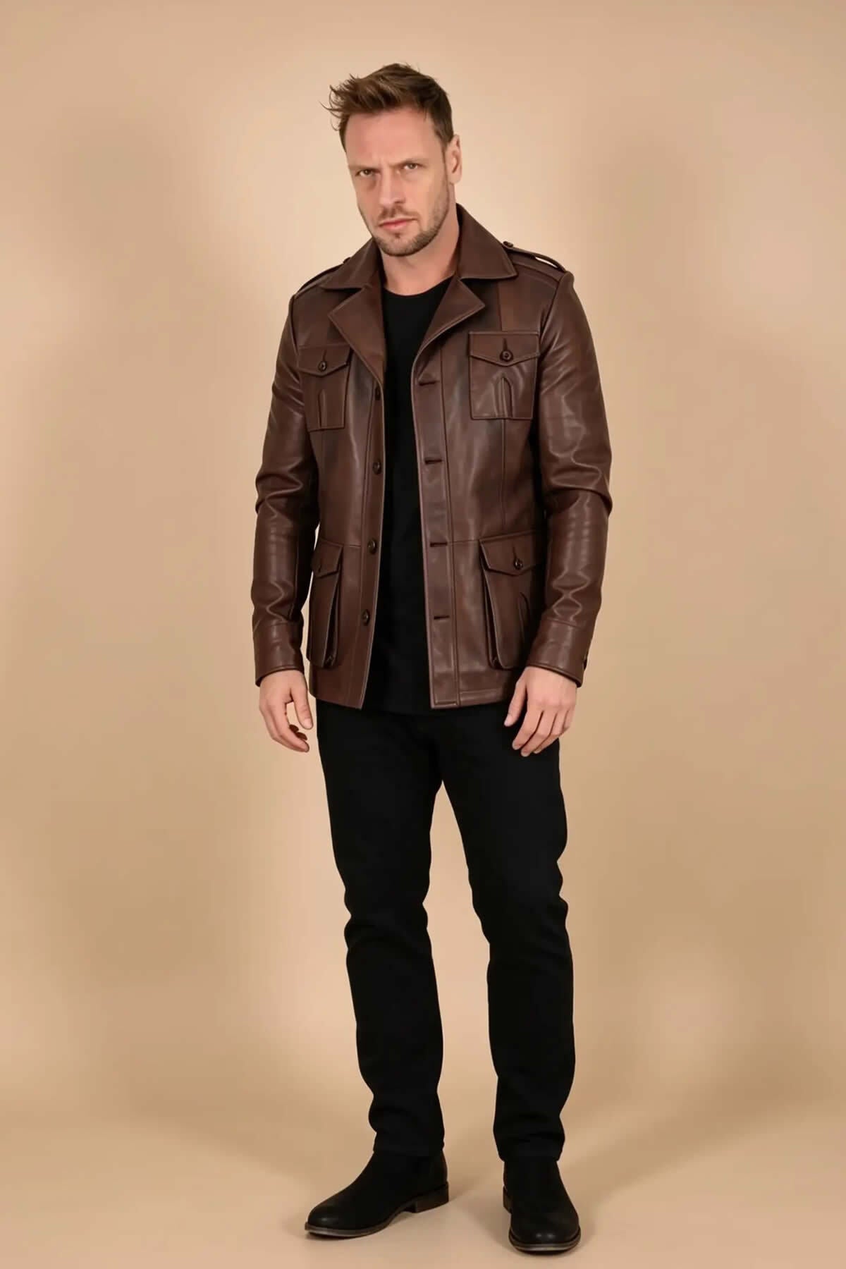 ALIN Harrison Men's Genuine Leather Safari Leather Jacket Brown - MALLTURK
