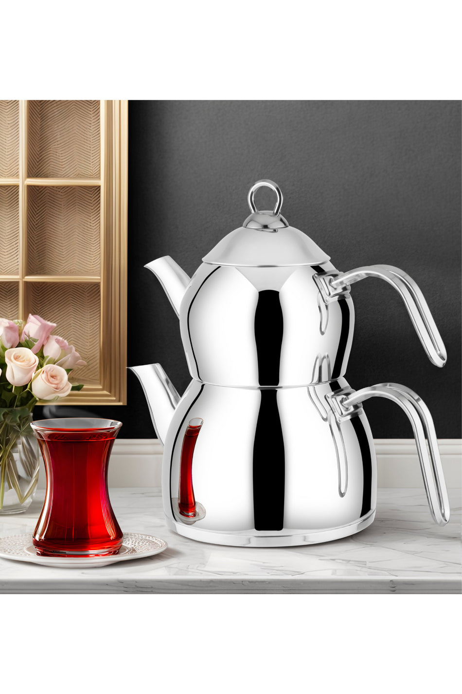 Lines Aycan Stainless Steel Teapot - MEDiUM SiZE Teapot: 1.10lt Water Jug: 2.00lt - MALLTURK