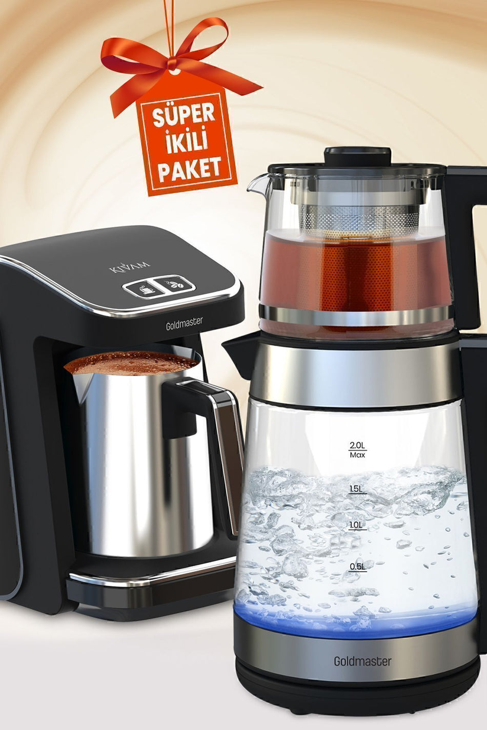 GoldMaster Stainless Steel German Schott Glass Tea Maker and LED illuminated Water Kettle, Stainless Steel Turkish Coffee Maker - MALLTURK