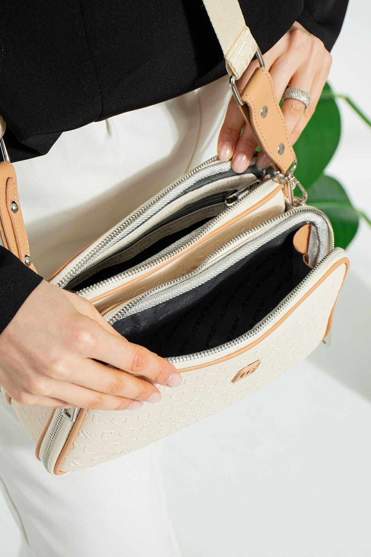 Just Polo Women's 3D Just & Polo Patterned Vegan Shoulder and Handbag 4023 Beige - MALLTURK