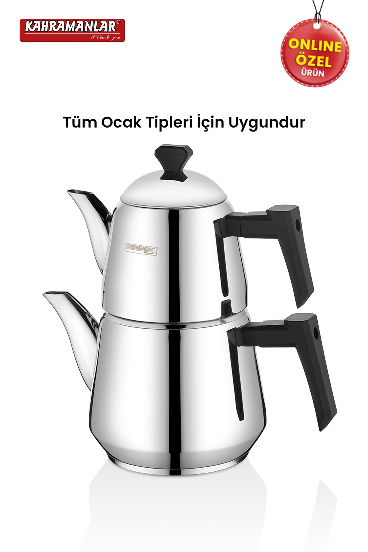 Kahramanlar Milano Medium Size Teapot Set, Stainless Steel, with Steam Lid, Black - MALLTURK
