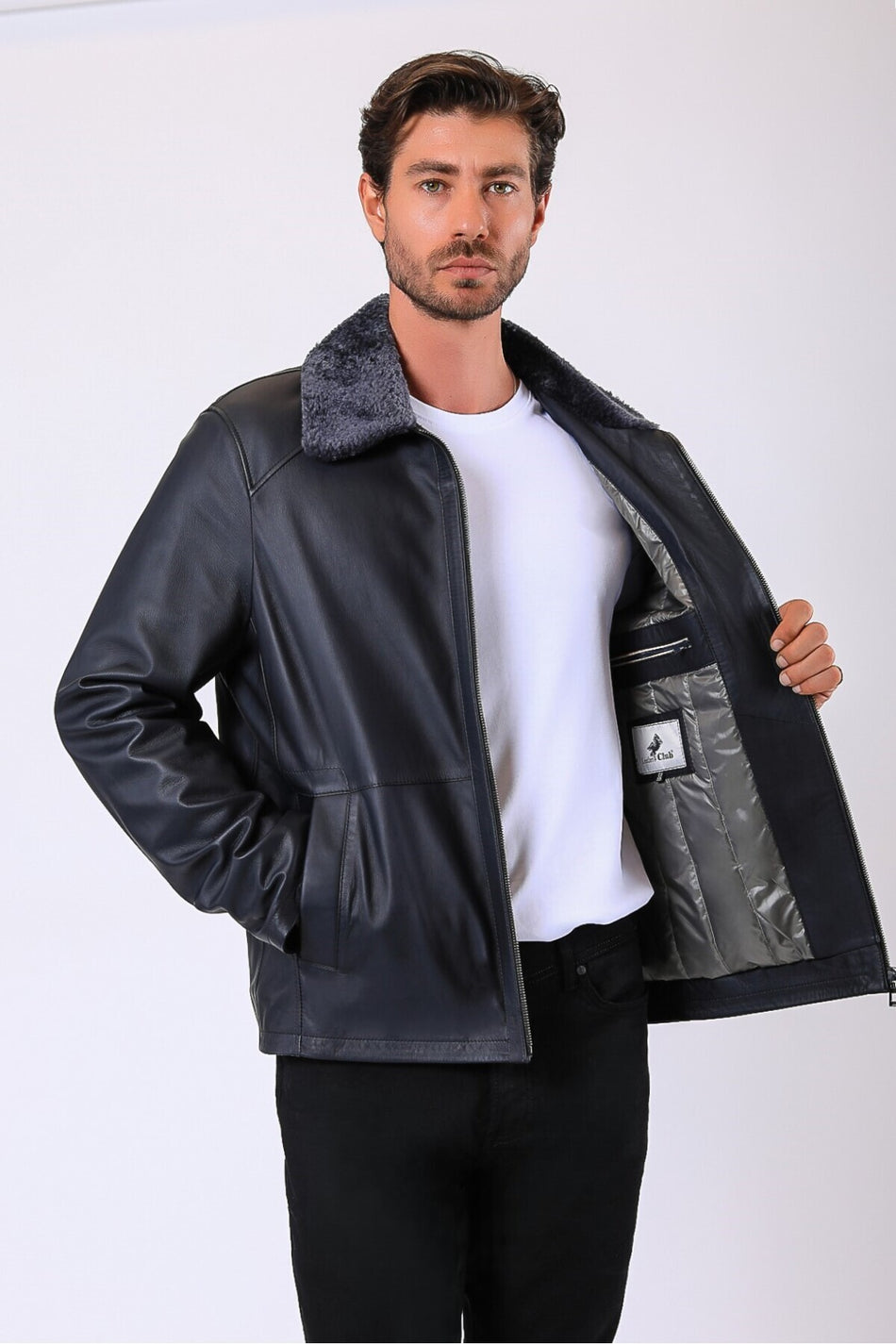 Manteau en cuir véritable bleu marine Leather Club avec accessoires en fourrure