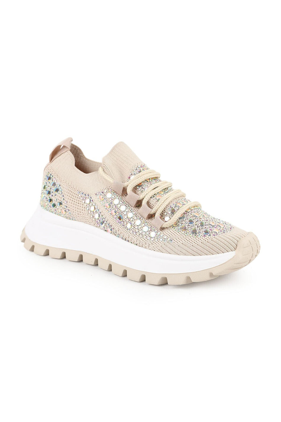 Sneakers Wanita berbahan rajut dan kain elastis, berhias batu, dengan sol EVA tebal berprofil lug, sepatu olahraga kasual L085.k201