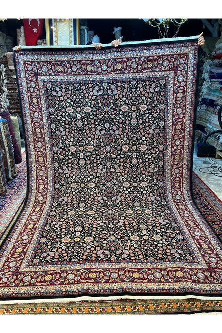 RD RAMAZAN DAG Hand Rug Art Hand-Woven Hereke Rug Signed Seven Mountains Flower Black Color Premium Quality Size 300x200 - MALLTURK