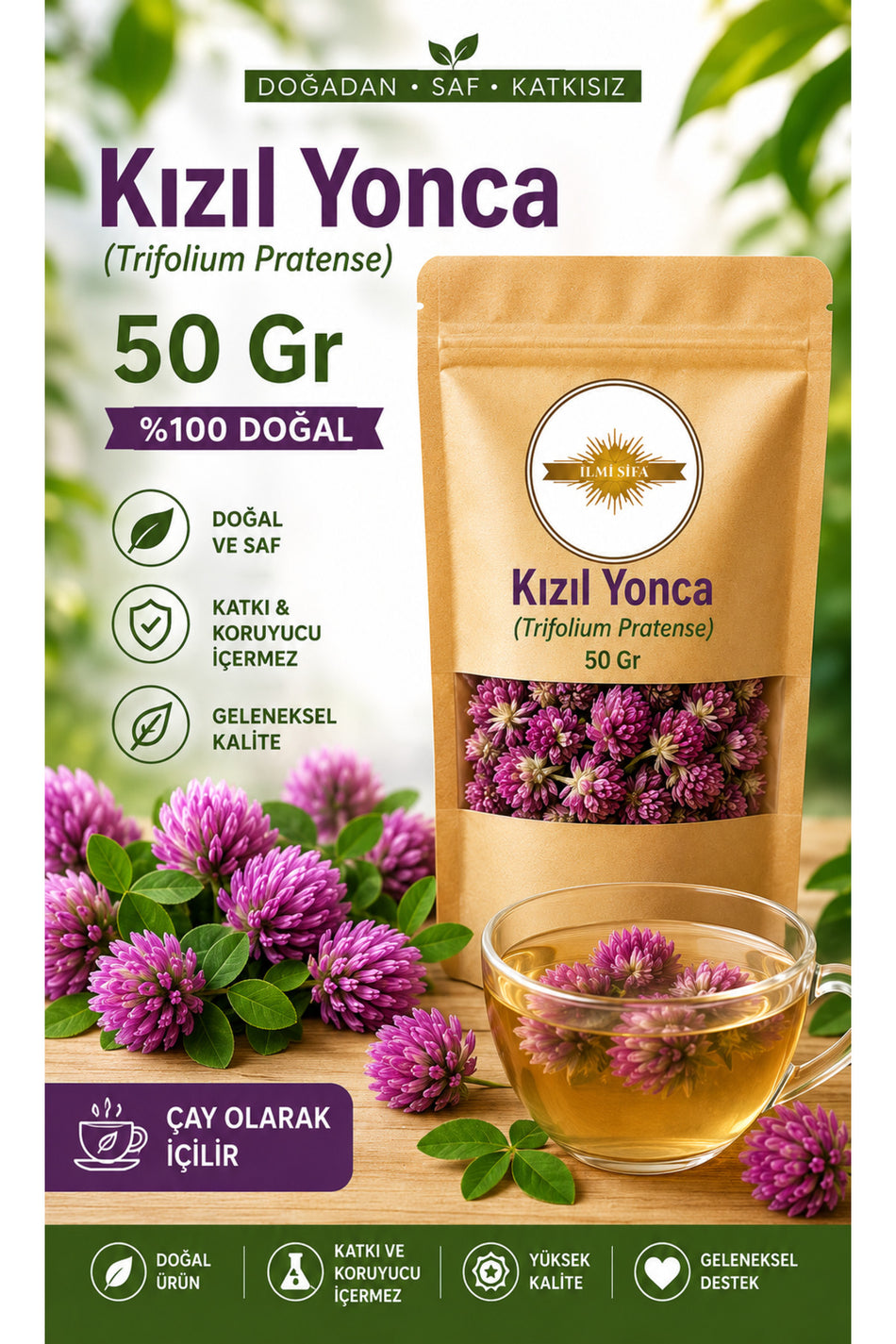 Ilmi Sifa Koniczyna czerwona (Trifolium pratense), naturalna suszona herbata z koniczyny czerwonej 50 g