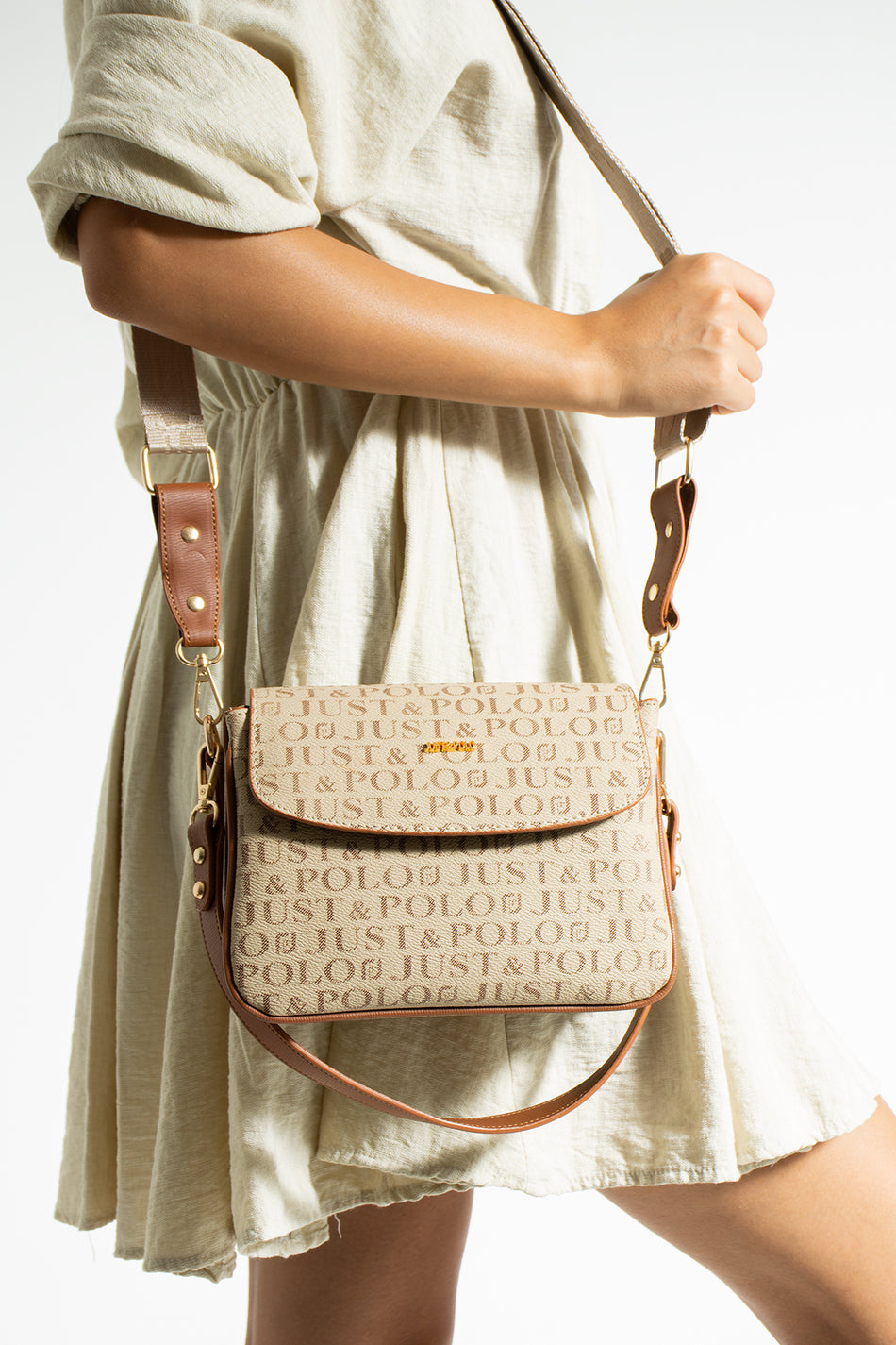 Just Polo Women's Sand Tan Two-Strap 3-Compartment Shoulder and Crossbody Bag JPS2185 Sand Tan - MALLTURK