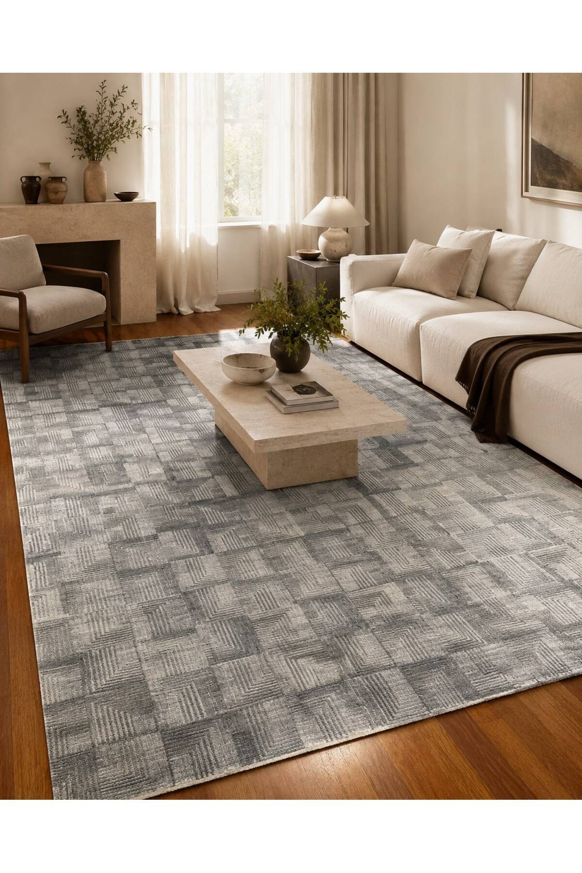Vog Rug Modern Geometric Hand-Woven Cok Multicolor Gray Antrasit Kare Pattern Cizgisel Textured Living Room Rug
