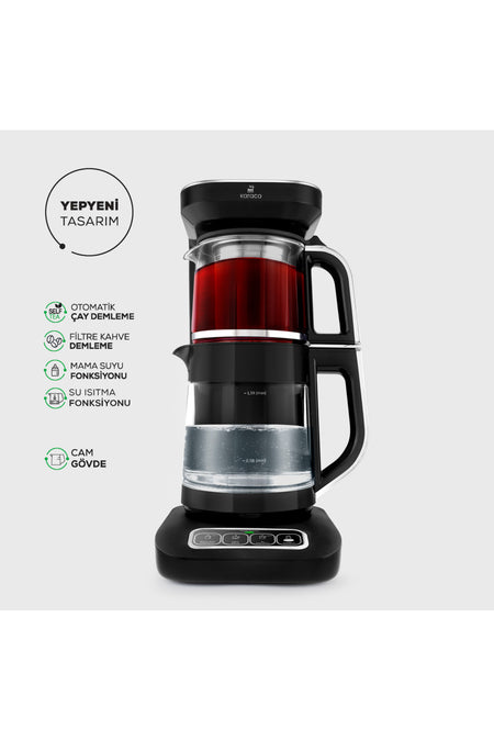 Karaca Tea Lover Robotea Pro 4 in 1 Talking Automatic Glass Tea Maker Water Heater 2500W Black Chrome - MALLTURK