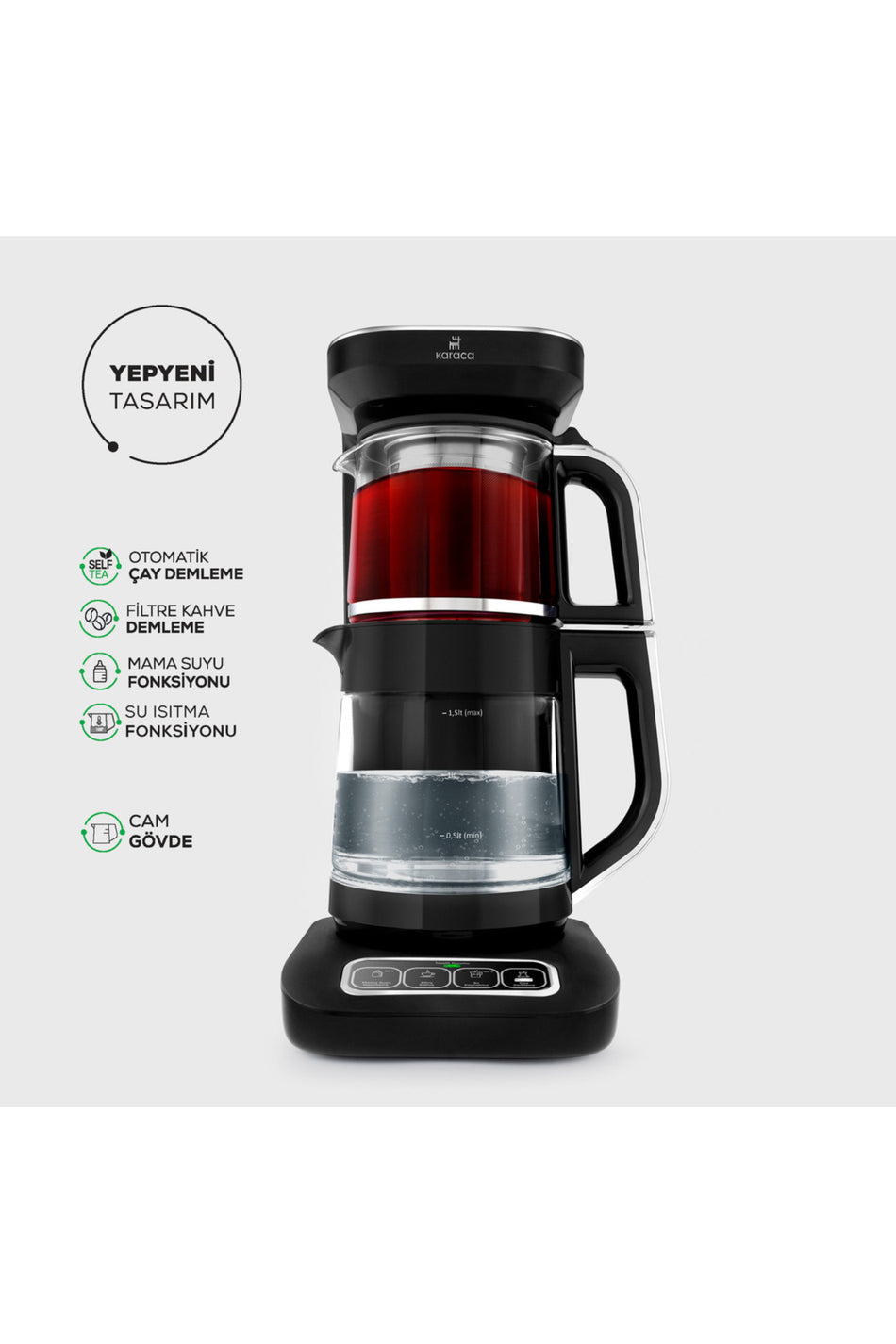 Karaca Tea Lover Robotea Pro 4 in 1 Talking Automatic Glass Tea Maker Water Heater 2500W Black Chrome - MALLTURK