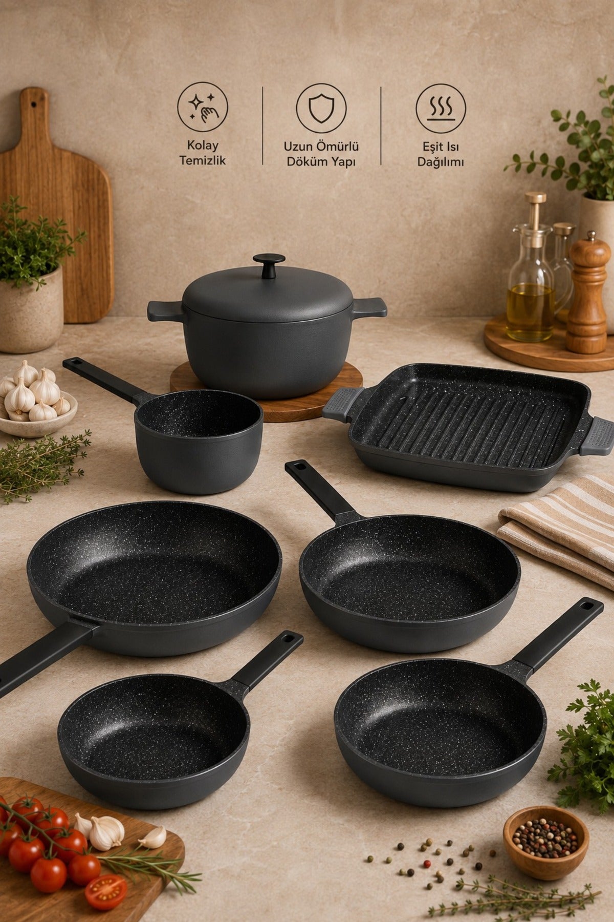 Aryildiz Pro Grade 8 Piece Granite Cast Cookware Set Saucepan Grill Frying Pan