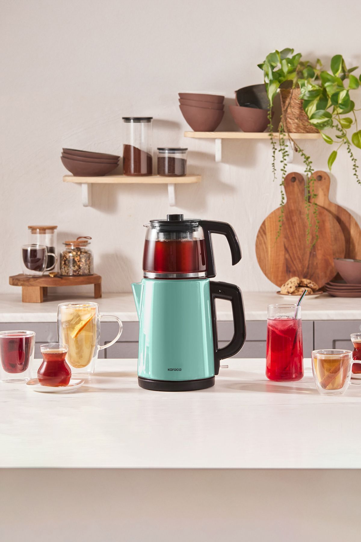 Karaca Tea Glass 2-in-1 Stainless Steel Tea Maker and Kettle Blue Mist - MALLTURK