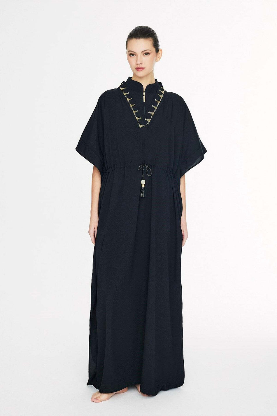Black Long Pareo with Embroidered Collar Detail (1006)
