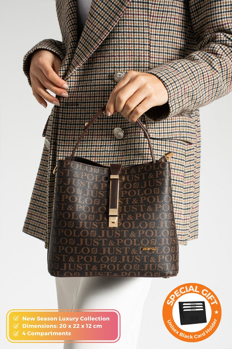 Just Polo Original Women's 4-Compartment Luxury Soft Leather Stylish Handbag and Shoulder Bag with Adjustable Crossbody Strap Mink - MALLTURK