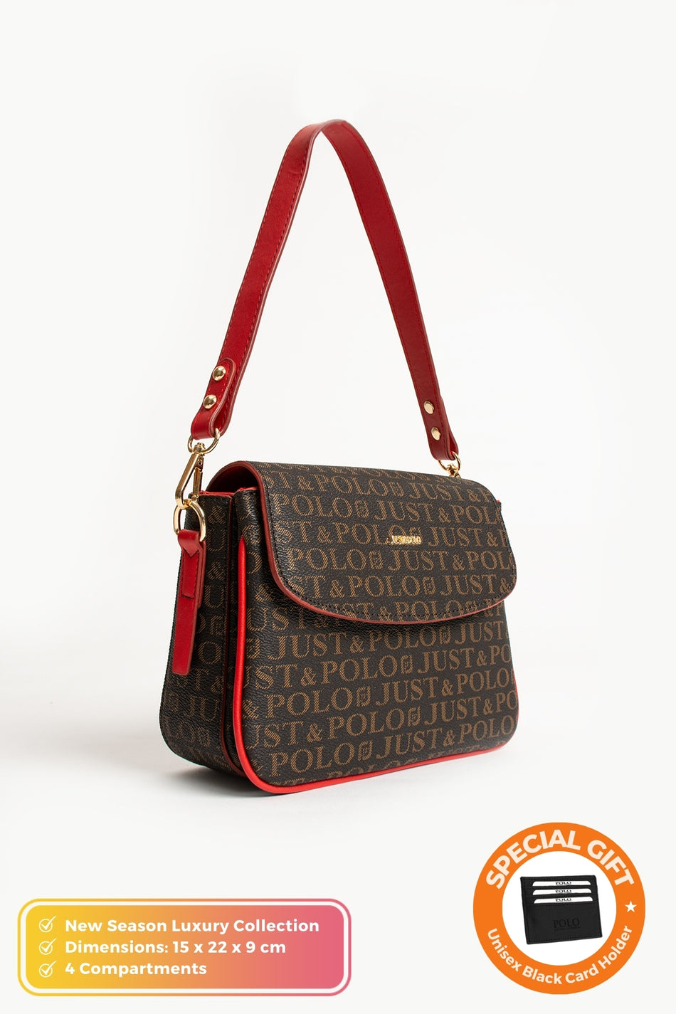 Just Polo Original Women's 4-Compartment Luxury Soft Leather Adjustable Crossbody Strap Stylish Trendy Shoulder Bag Red - MALLTURK
