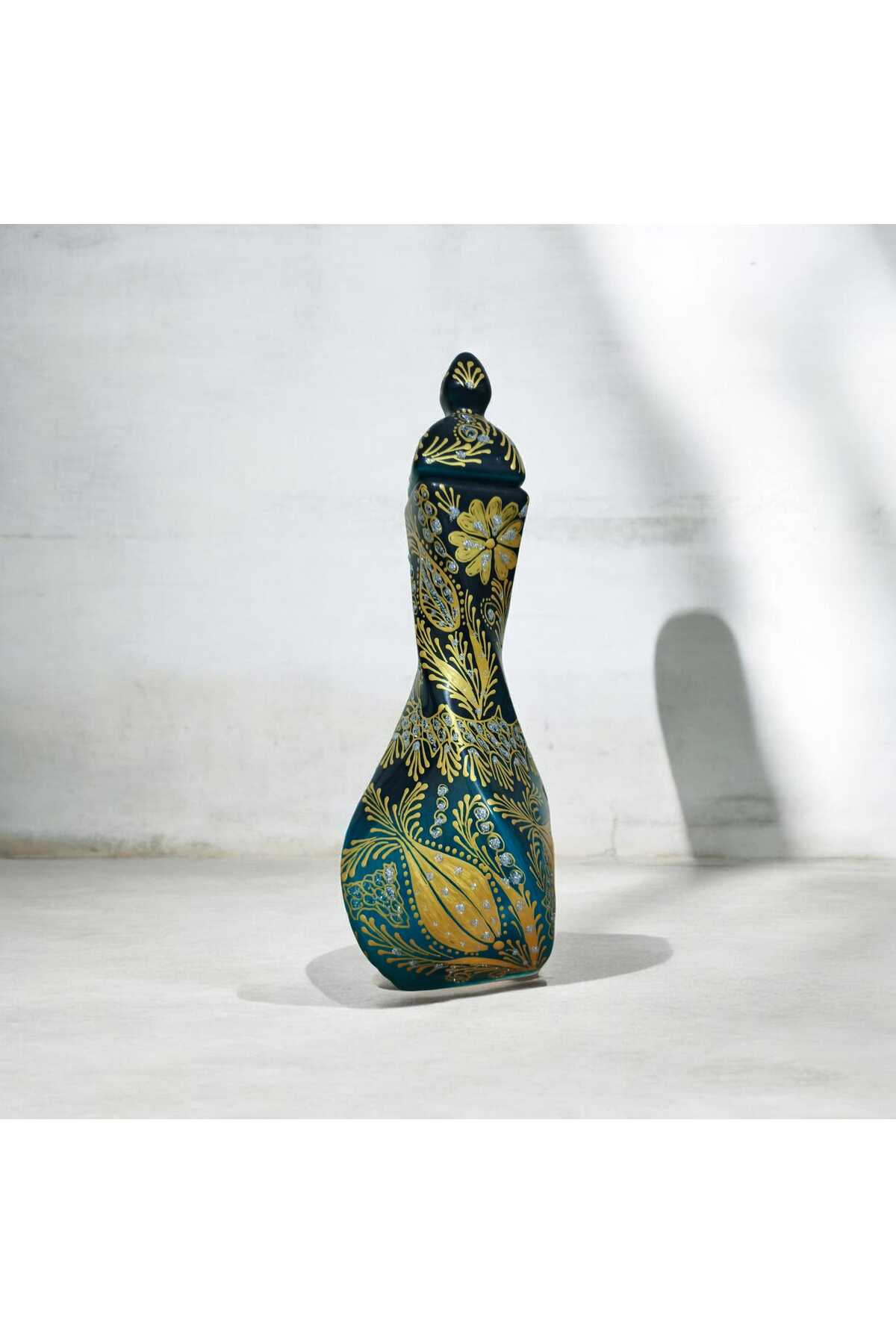 Sema ceramic handcrafted turquoise 30 cm vase with gold gilding decoration. - MALLTURK