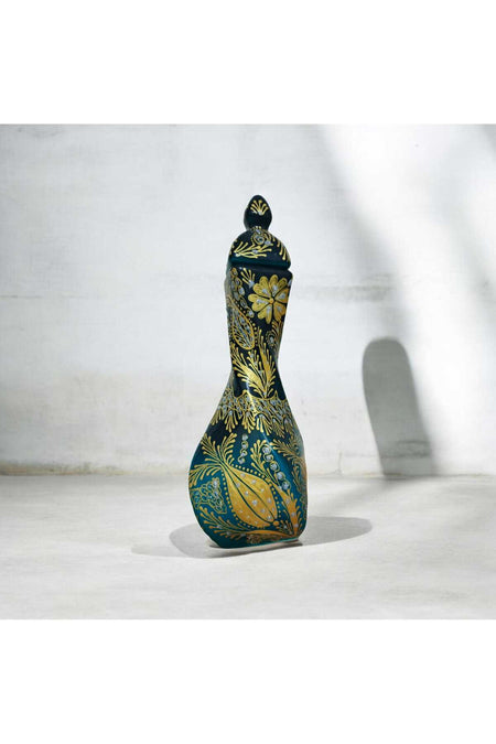 Sema ceramic handcrafted turquoise 30 cm vase with gold gilding decoration. - MALLTURK
