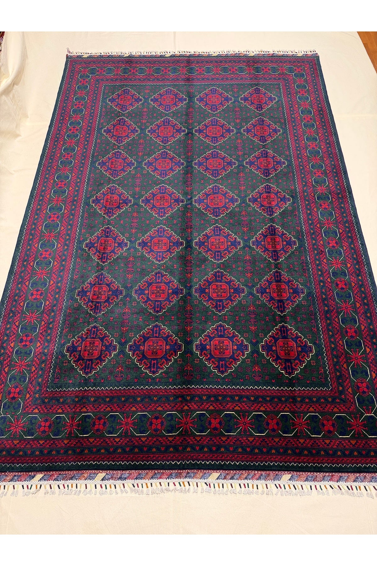 Afghan Rug Hand-Woven Green Nadir Color 6 Meter Bilijik Design 100% Wool Natural Dye