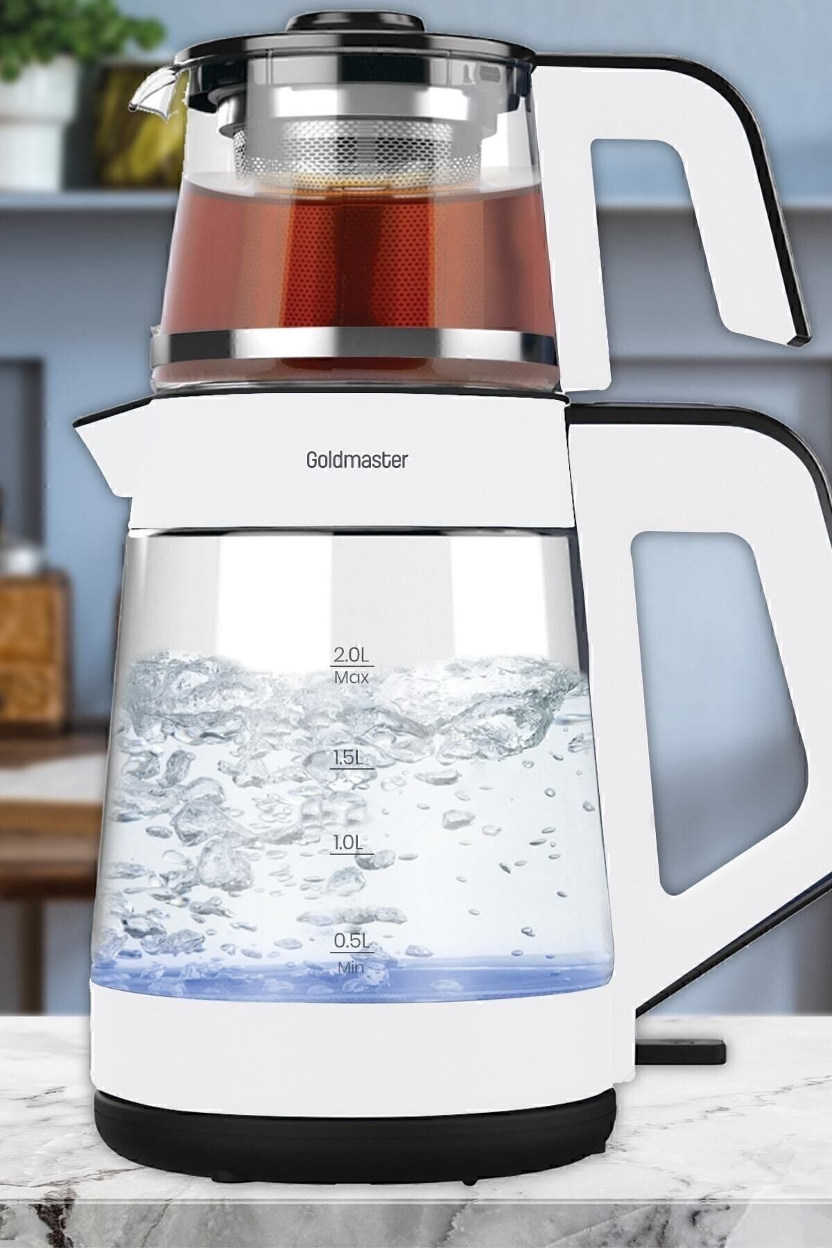 GoldMaster cinar White Large Capacity German Schott Glass Tea Maker with Teapot and LED Light Water Kettle - MALLTURK