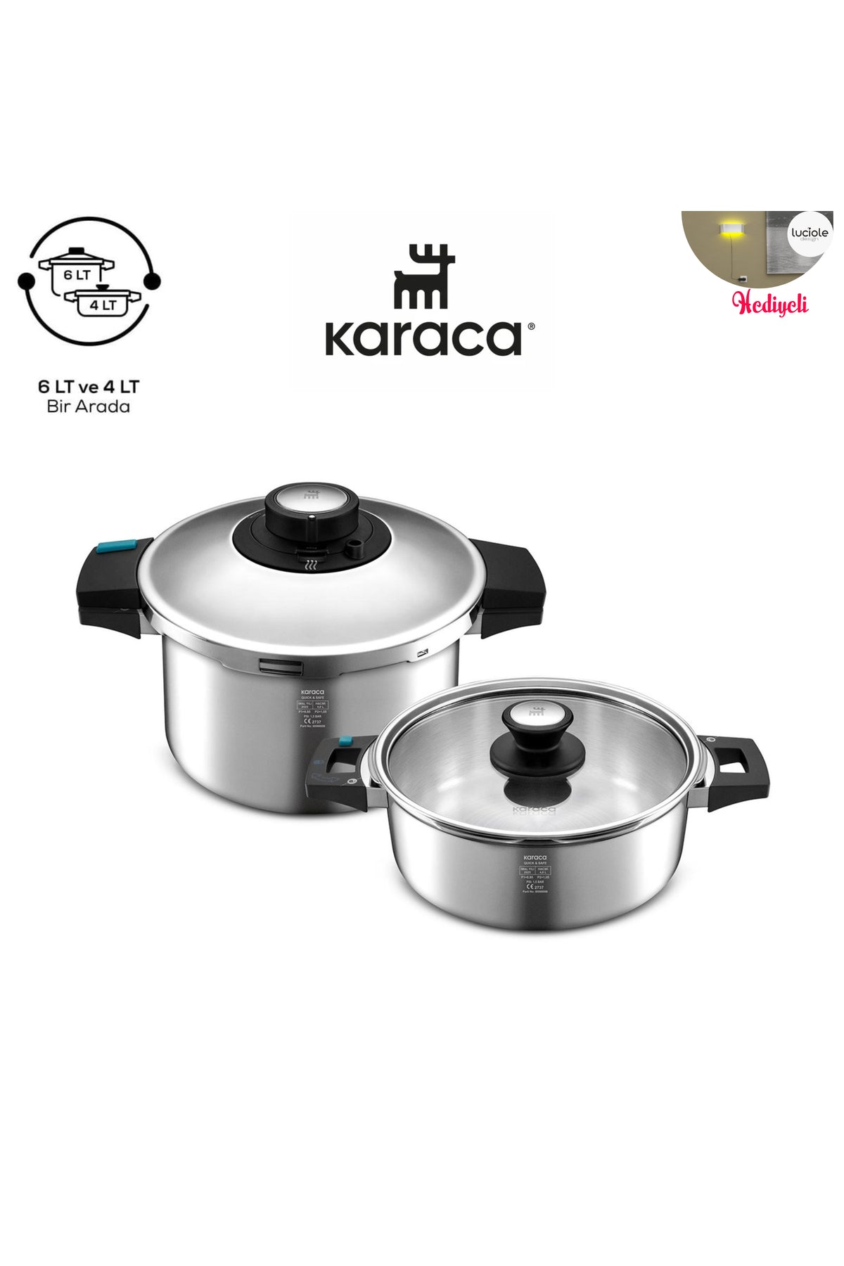 Karaca 6-Piece Locking System, Steel Body, induction Base Pressure Cooker Set 4+6 Lt - MALLTURK